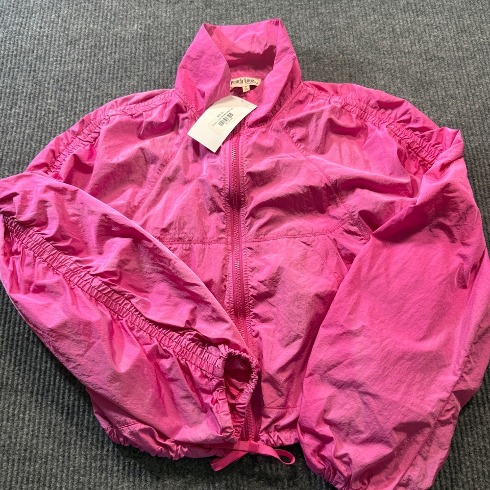 Peach Love Windbreaker Womens M Pink Ruched Full Zip Cropped Jacket NWT